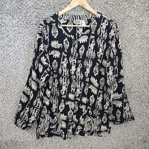 Chicos Design Top Womens 2 US Large Black Button Up Folk Art Sheer Blouse Ladies